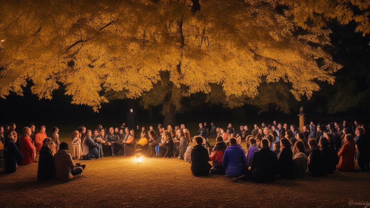 A diverse group of people of all ages and backgrounds quietly gathered in a dimly lit city park beneath an ancient oak tree on a crisp autumn night, their hands linked in a circle, faces illuminated by soft lantern light, evoking a sense of shared curiosity and mysterious anticipation.