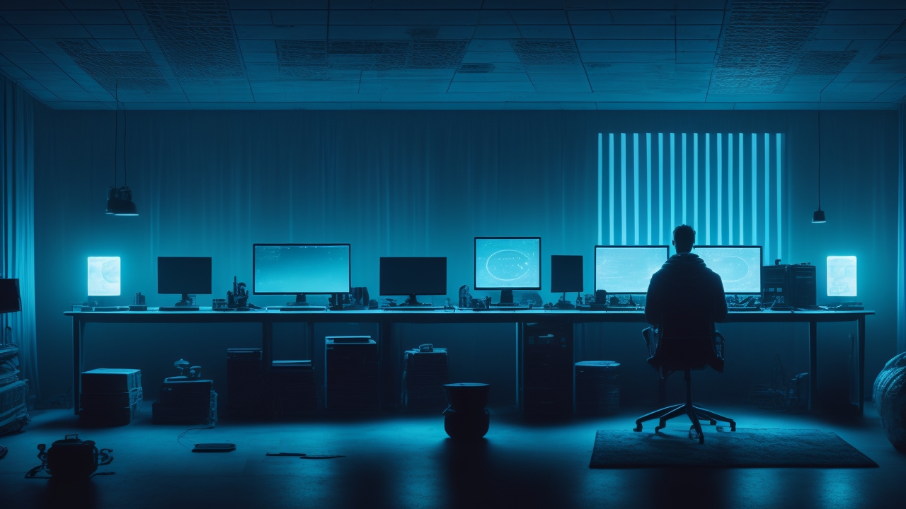 A dimly lit room bathed in the eerie glow of multiple screens and smart devices, where a lone figure’s silhouette reaches out hesitantly toward a flickering laptop displaying ghostly digital distortions, capturing the unsettling blend of technology and the supernatural.