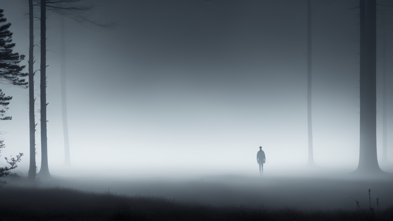 A shadowy, towering figure with unnaturally elongated limbs looms silently through a fog-drenched pine forest at night along the misty Barnegat Bay shoreline, eyes faintly glimmering through the drifting static.