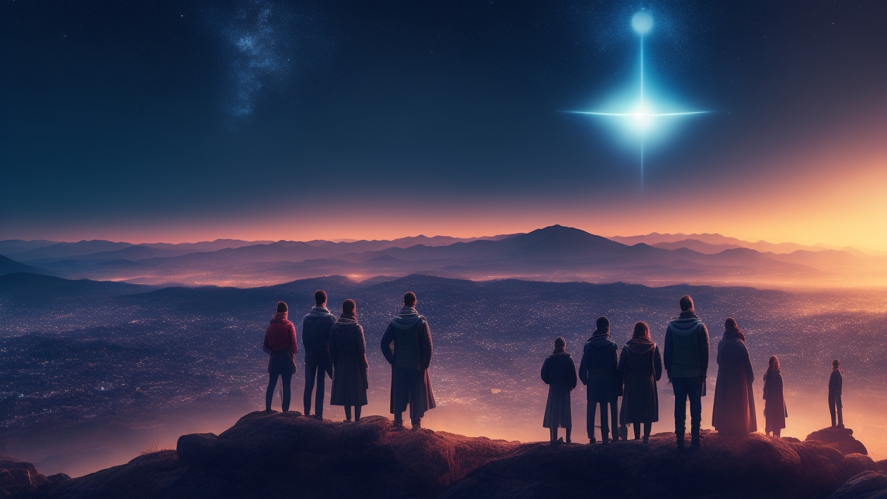 A diverse group of people standing on a quiet hilltop at twilight, eyes fixed skyward as mysterious glowing orbs and triangular lights silently hover above a sprawling cityscape beneath a vast, star-speckled sky.