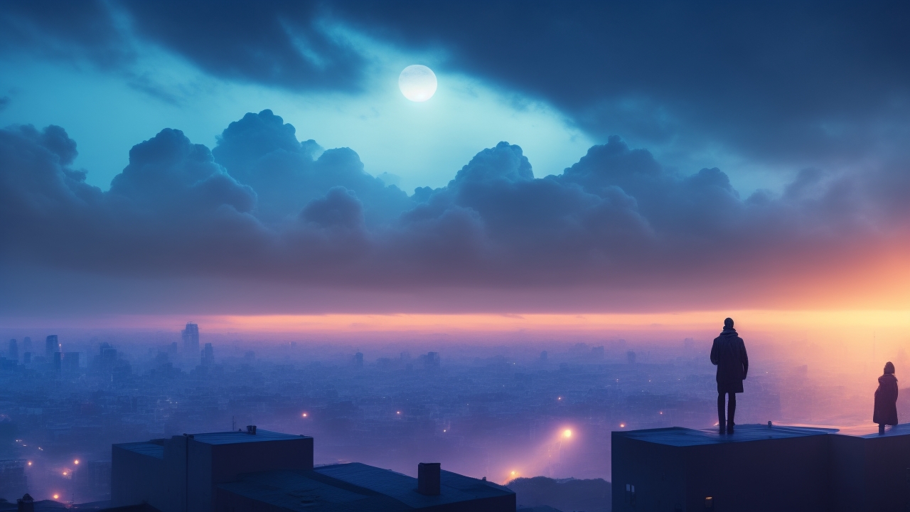 A moody twilight cityscape with two glowing white orbs darting sharply through a humid, cloud-streaked sky, while silhouetted figures on a rooftop gaze upward in wonder.