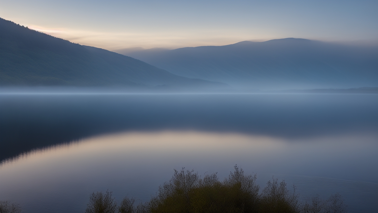 Early morning mist rises over the glassy surface of Loch Ness as a dark, serpentine shape breaks the water, silhouetted against the moody Scottish Highlands under a soft, diffused light.