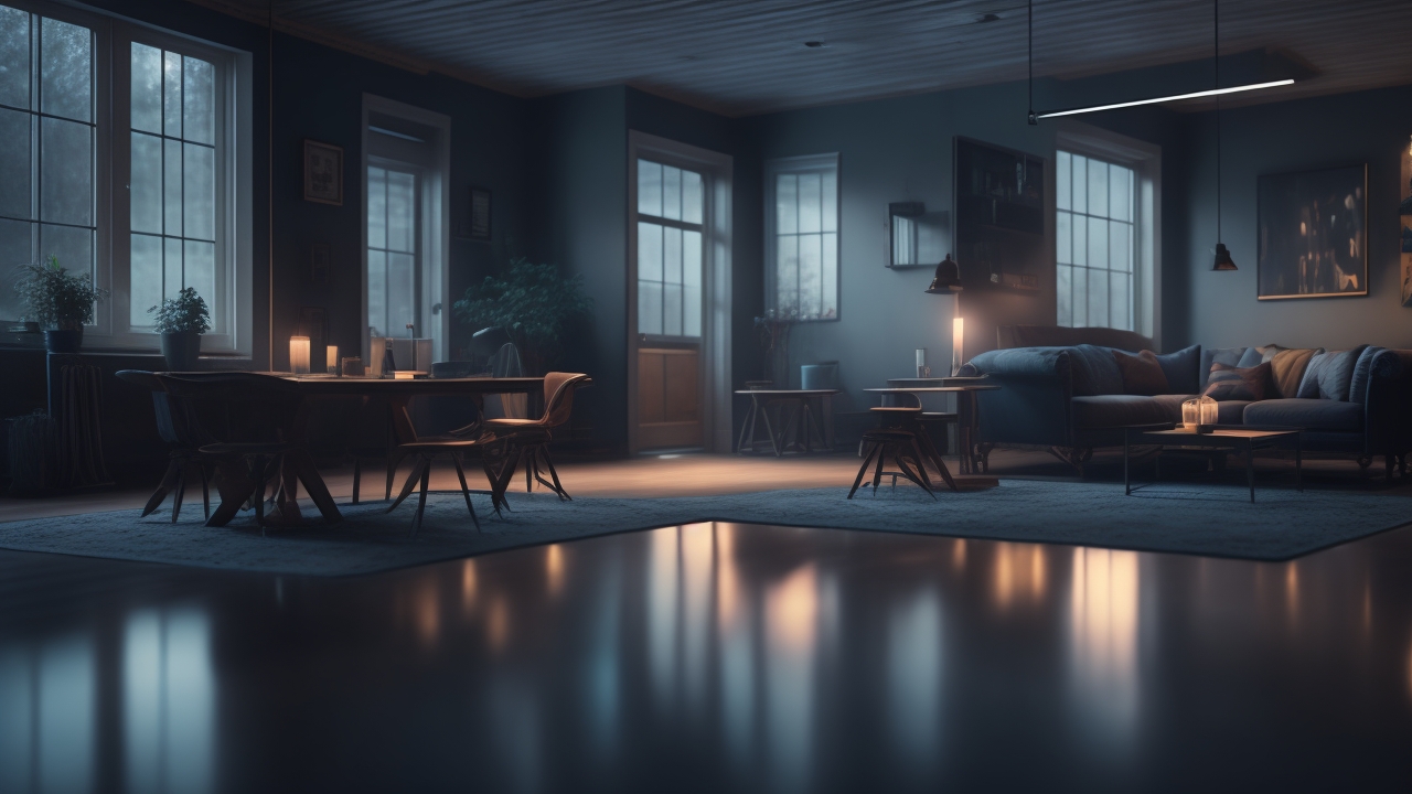 A dimly lit modern living room with a single smartphone glowing eerily on a wooden table, casting ghostly reflections on the walls as subtle digital glitches ripple across the screen, evoking a tense and mysterious atmosphere where technology and the supernatural intertwine.