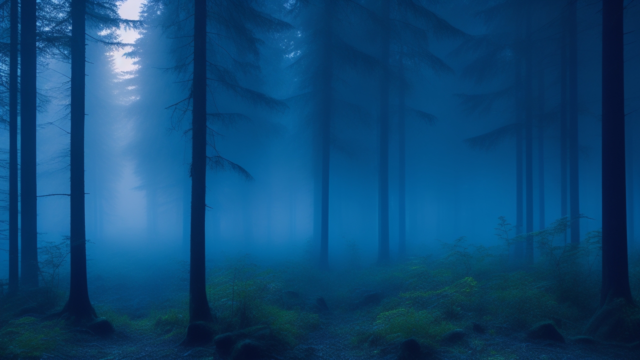 A mist-shrouded, dense Pacific Northwest forest clearing at twilight, with faint clusters of glowing, ethereal eyes barely visible in the shadowed underbrush, as a lone figure cautiously peers into the eerie stillness.