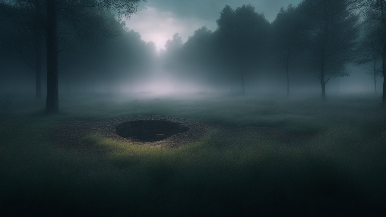 A dense, mist-shrouded forest clearing at twilight, with a ring of withered, lifeless grass encircling the damp earth, faint pairs of glowing eyes barely visible in the shadows beyond.