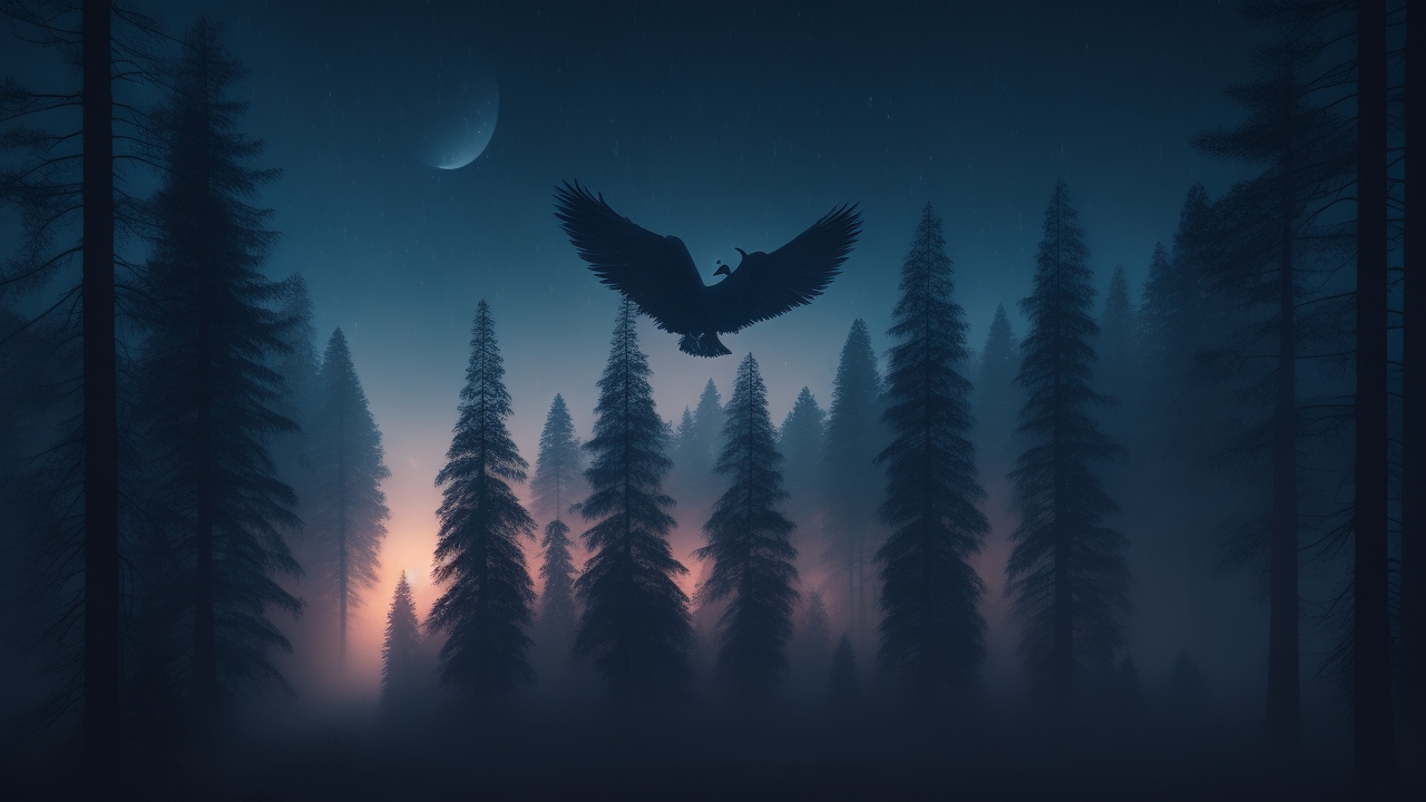 A shadowy, winged silhouette with glowing eyes looms mysteriously among towering pine trees under a moonless night sky, shrouded in mist and flickering with distant, eerie torchlight.