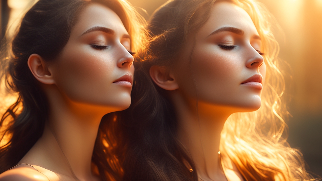 A contemplative young woman bathed in warm, golden light, eyes closed, fingertips lightly touching her temple as delicate, translucent lines of glowing energy subtly ripple around her head, suggesting the awakening of intuitive insight in a modern, softly blurred urban setting.