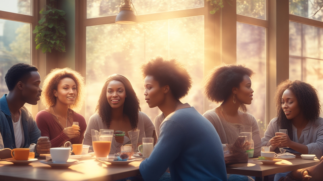 A diverse group of people in a cozy, sunlit café sharing a quiet, reflective moment as subtle glows of intuitive energy seem to connect their gazes across the room, capturing the rise of collective psychic awareness in everyday life.