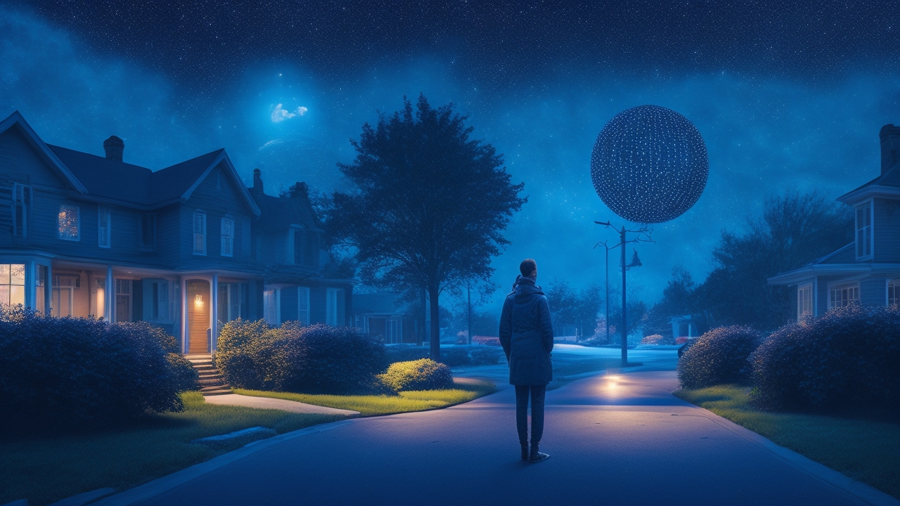 A contemplative person stands in shadow on a quiet suburban street at night, their face illuminated by the eerie glow of two silent, glowing orbs drifting silently overhead against a deep indigo sky dotted with stars.