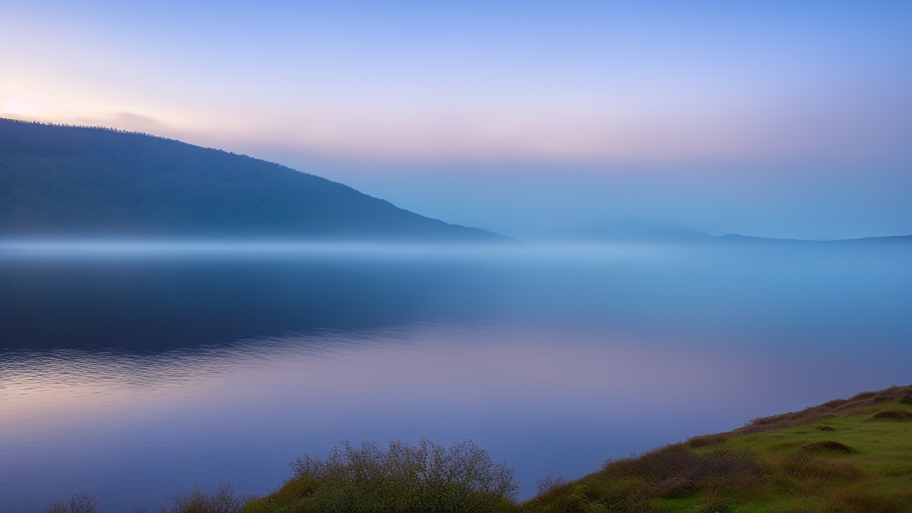 A mist-shrouded Loch Ness at dawn with a solitary figure standing on a rocky shore, staring intently at faint ripples distorting the glassy water under a brooding Scottish sky.