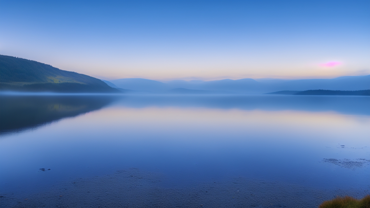 A misty dawn over the glassy surface of Loch Ness, where faint ripples disturb the still water beneath shadowy, ancient Highland hills, evoking an air of mystery and timeless legend.