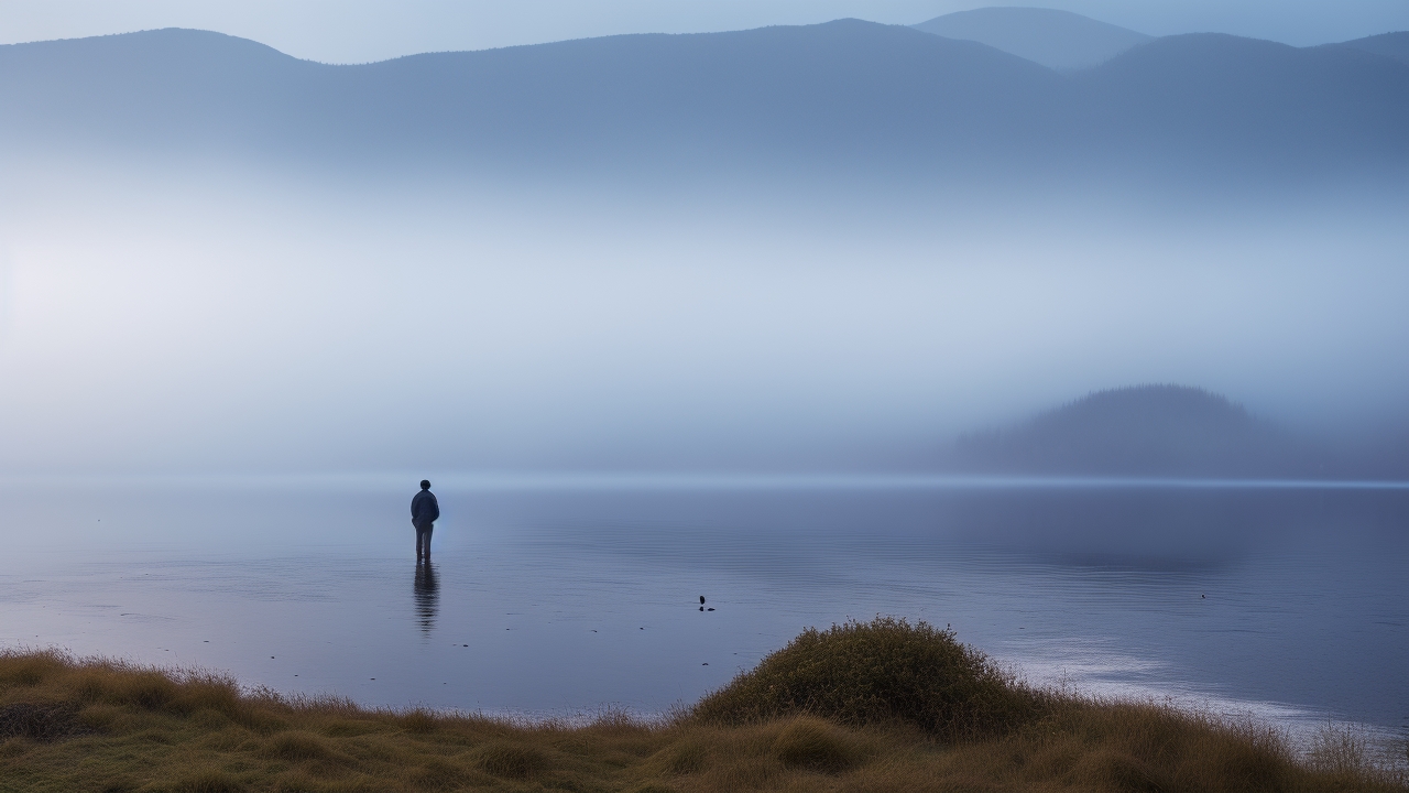 A lone observer stands on a misty Scottish hillside at dawn, binoculars raised toward the tranquil, fog-covered surface of Loch Ness as faint ripples hint at a mysterious, unseen presence beneath the water.