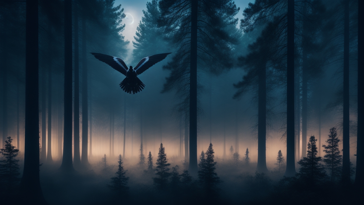 A shadowy, winged silhouette with glowing eyes emerges dramatically against the mist-shrouded pine forests of New Jersey at twilight, evoking an eerie and timeless folklore mystery.