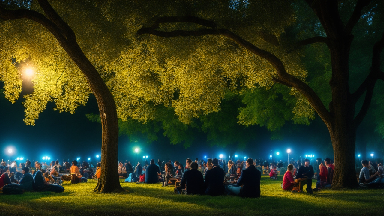 A diverse group of people gathered at dusk beneath towering ancient elm trees in a dimly lit park, their faces softly illuminated by the glow of smartphones and handheld devices as they intently scan the shadows with a mix of curiosity and quiet anticipation.