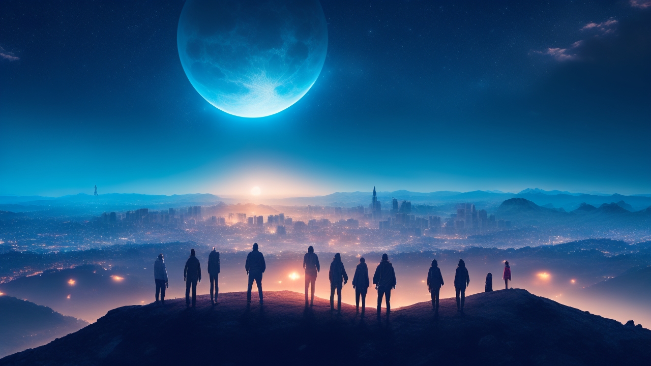 A diverse group of people standing on a moonlit hilltop, gazing up at a dark sky alive with glowing orbs and mysterious triangular shapes streaking silently above a distant city skyline.