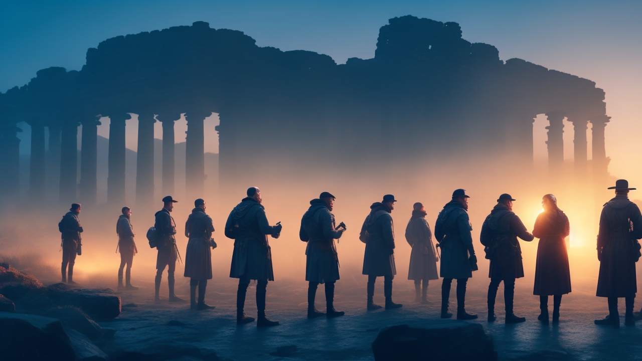 A diverse group of intrigued investigators, illuminated by the cool glow of smartphone screens and high-tech sensors, stand amid shadowy ancient ruins at dusk as a whisper of mist curls through the air, capturing a silent moment charged with eerie anticipation.