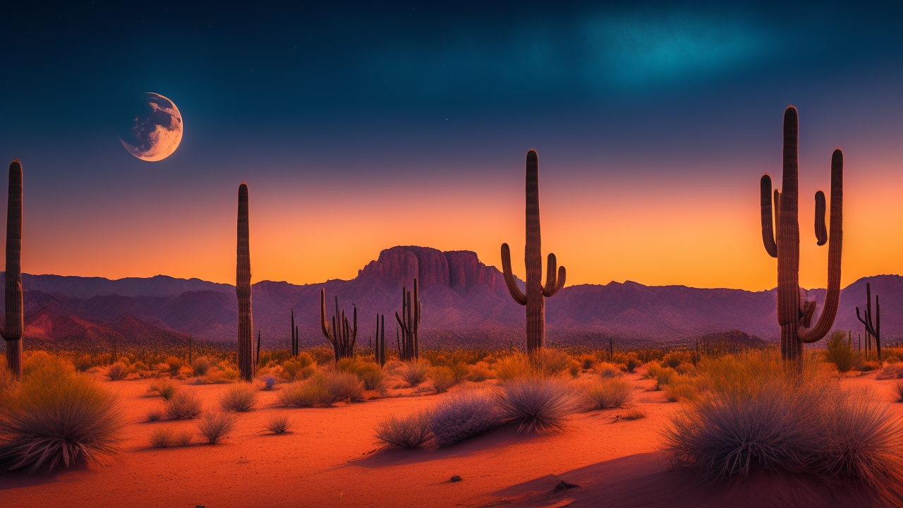 A haunting twilight shot of a shadowy, elongated figure moving silently among towering saguaros under a copper-hued desert moon, with swirling dust and distant mesas fading into the night.