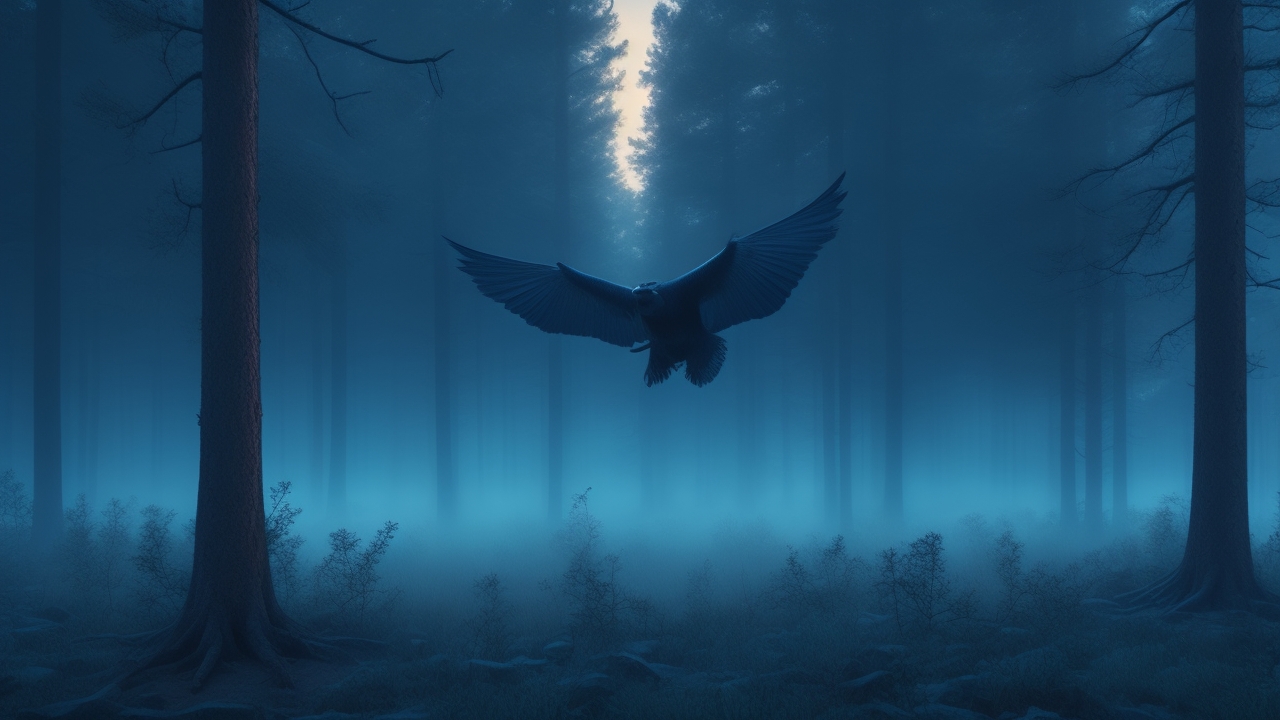 A shadowy, mist-laden Pine Barrens forest at dusk, with the faint silhouette of a winged creature perched high in the gnarled branches, its glowing eyes piercing through the fog.