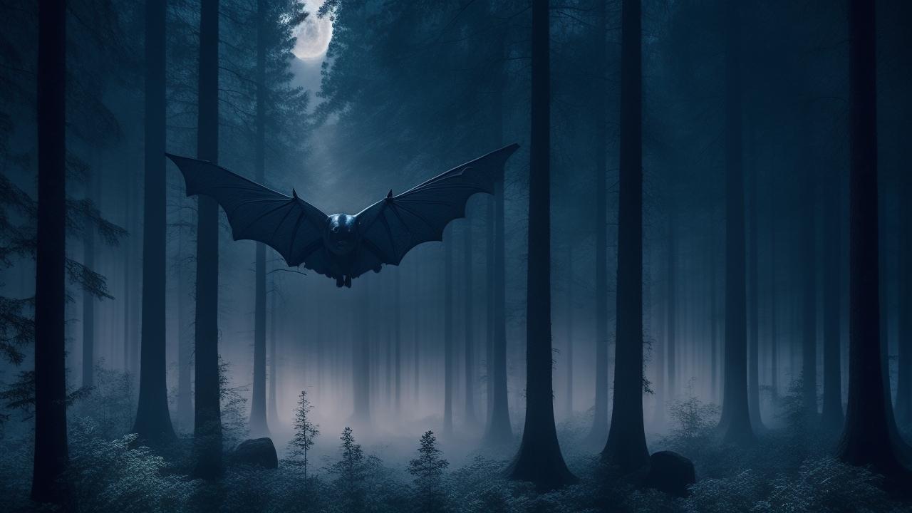 A haunting, mist-shrouded silhouette with bat-like wings glides silently above the dense, shadowy pine trees of a moonlit New Jersey forest, evoking a chilling blend of mystery and legend.