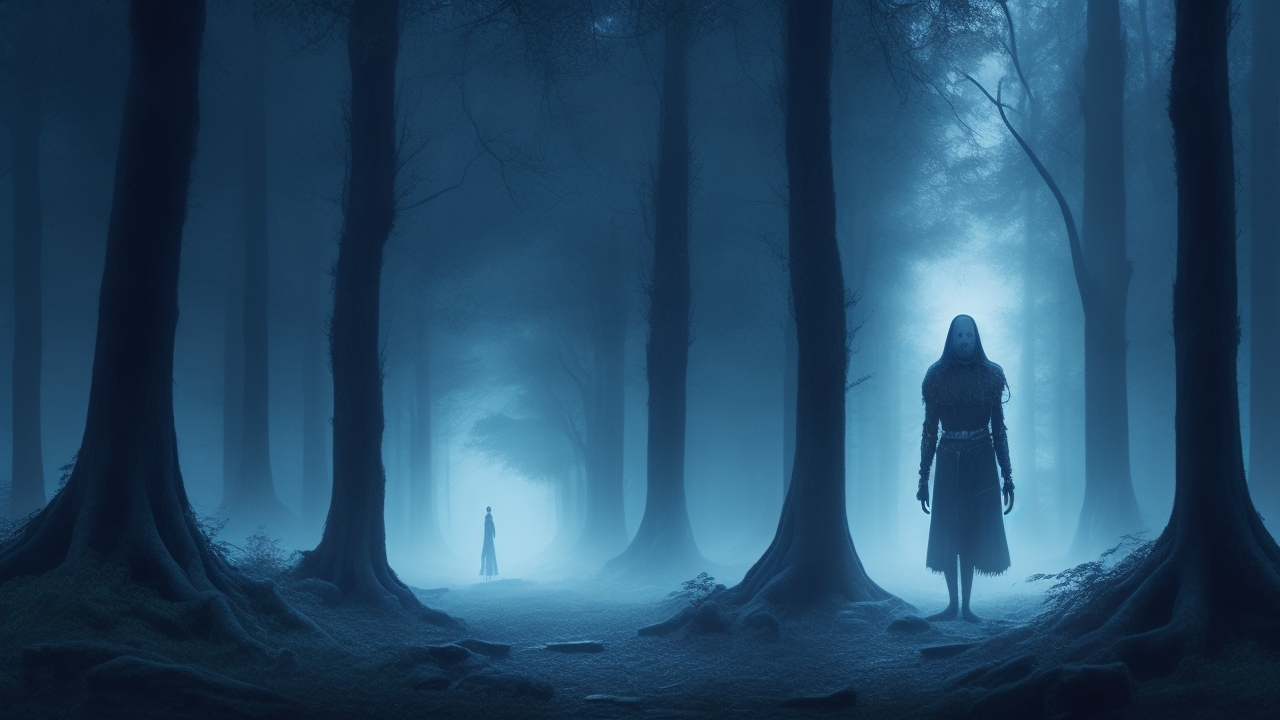 A moonlit forest clearing shrouded in mist, where a pale, slender humanoid figure with elongated limbs and glowing eyes peeks hesitantly from behind gnarled trees, evoking an eerie blend of mystery and unease.