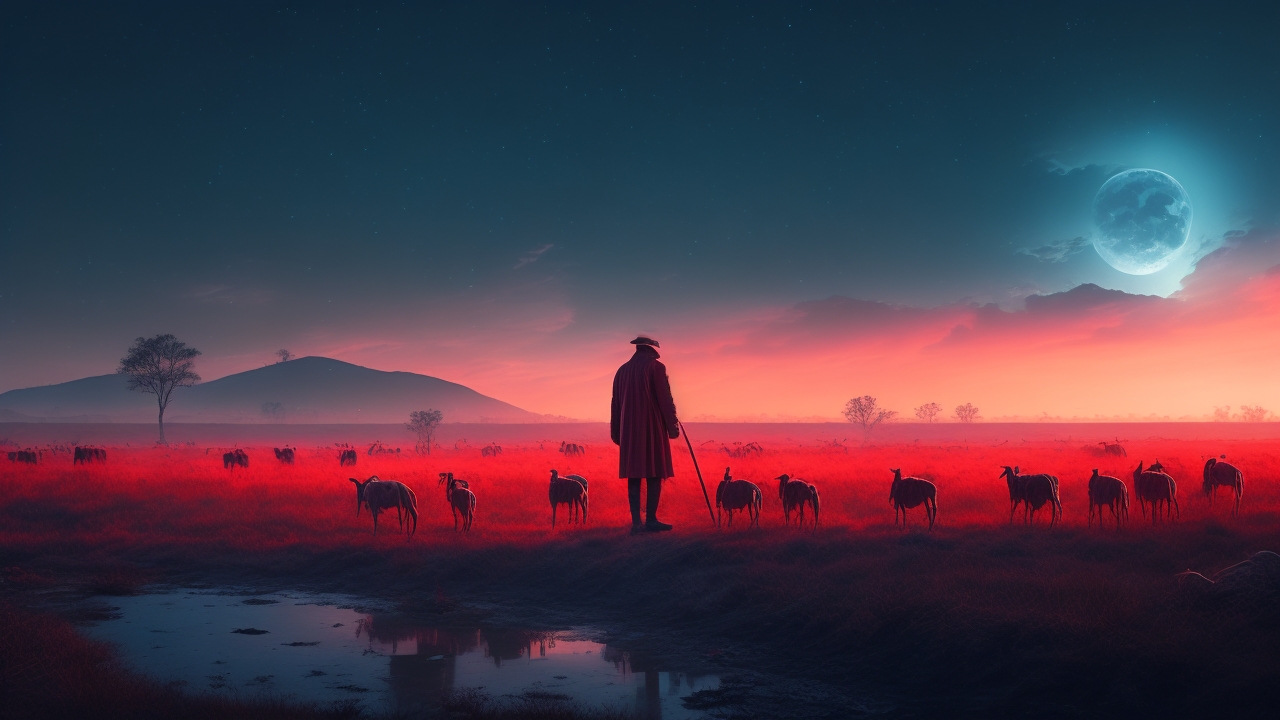 A dimly lit rural landscape under a brooding night sky, with a lone farmer standing amidst scattered, lifeless goats on dusty ground, while faint glowing red eyes peer out from shadowed brush in the distance.