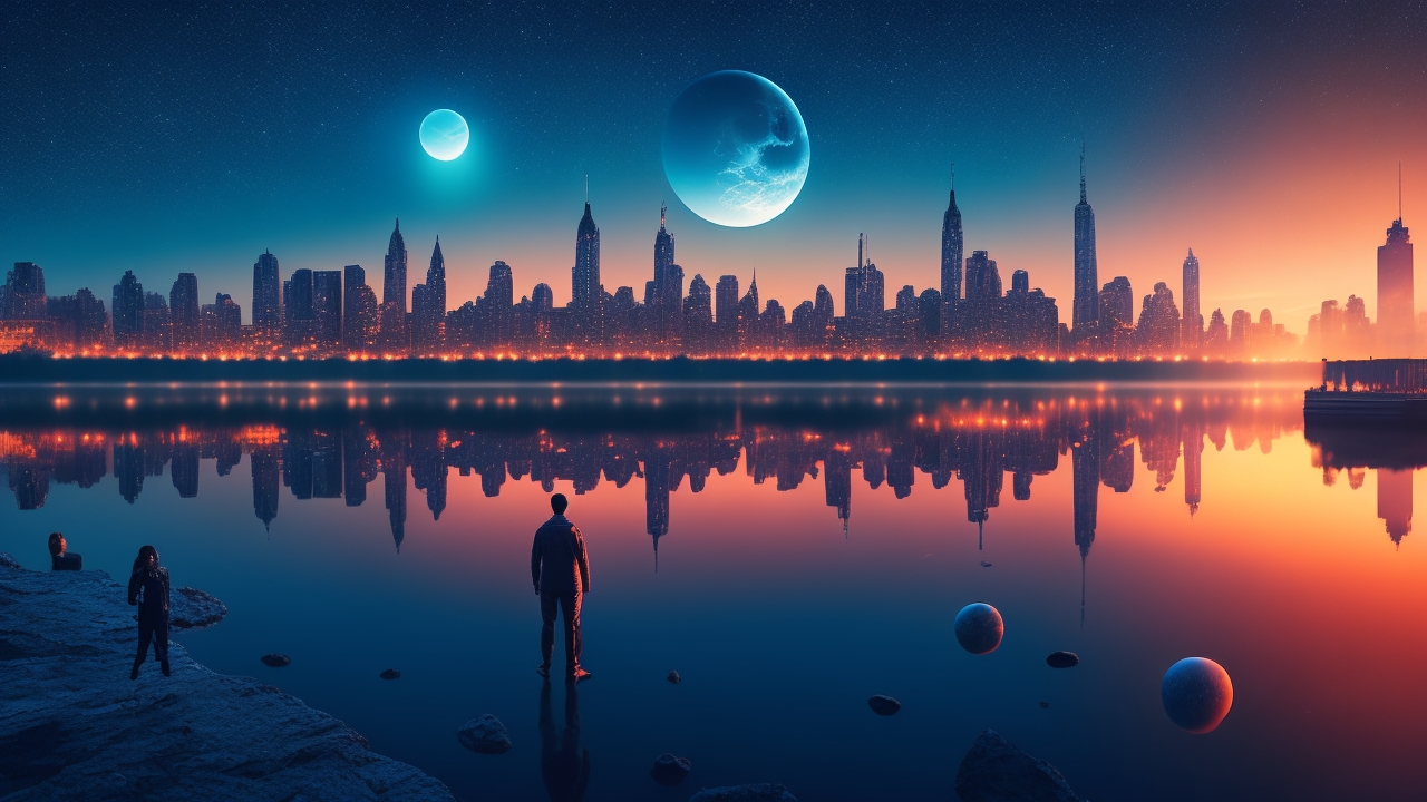 A dramatic twilight skyline of Manhattan with mysterious glowing orbs streaking silently across the darkening sky, reflected in the city’s river, as a lone figure watches from a rooftop, capturing the tension between urban life and unexplained phenomena.