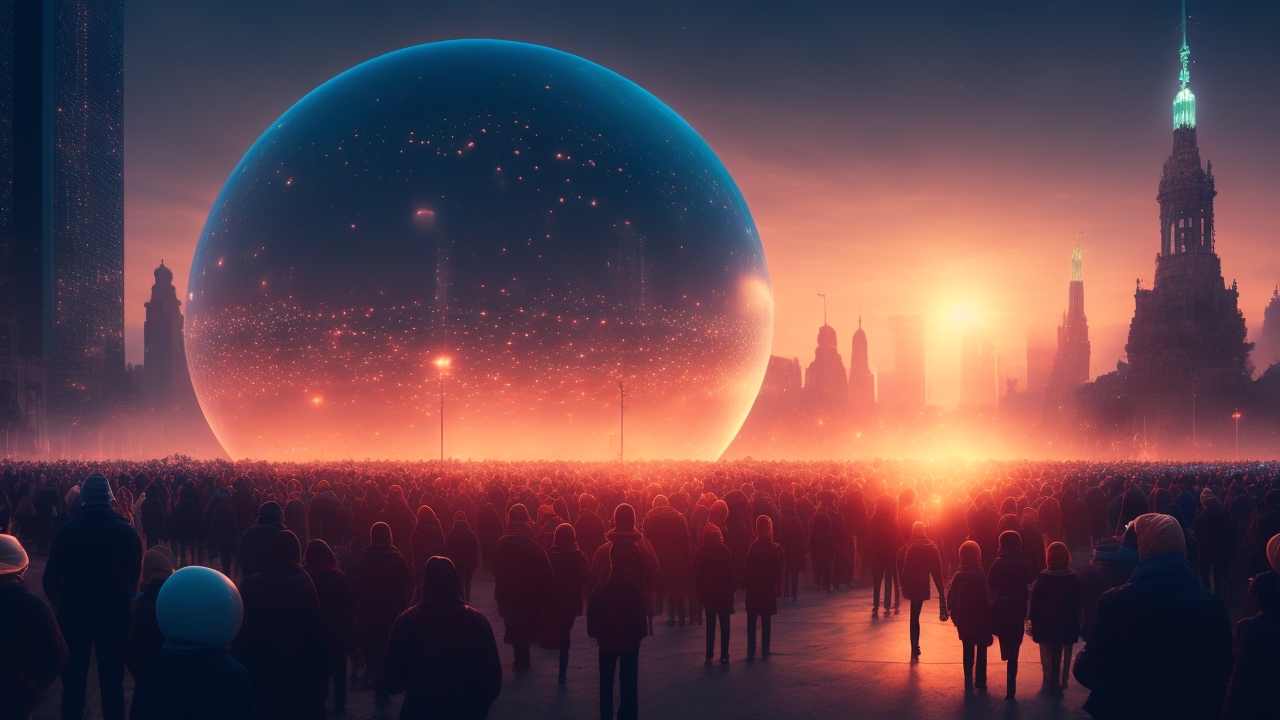 A cinematic view of mysterious glowing orbs weaving silently through a dusky city skyline at twilight, as a crowd of onlookers gaze upward in awe and apprehension.