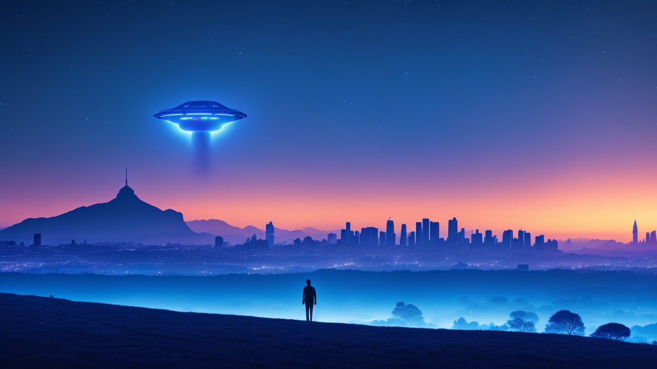 A lone figure standing on a quiet hill at twilight, silhouetted against an indigo sky where a glowing triangular UFO silently glides above a distant city skyline, evoking mystery and quiet awe.