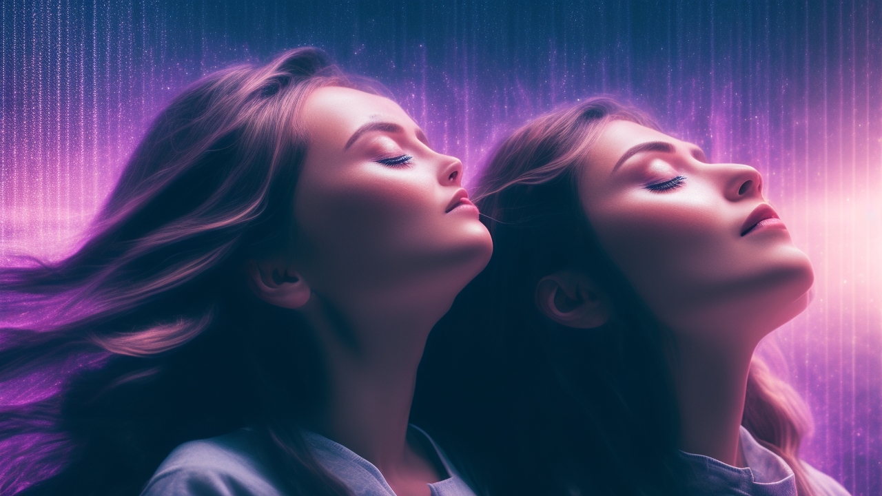 A contemplative young woman illuminated by the soft glow of multiple digital screens, her eyes closed as subtle light trails weave around her head, blending technology and intuition in a quiet, dreamlike moment.
