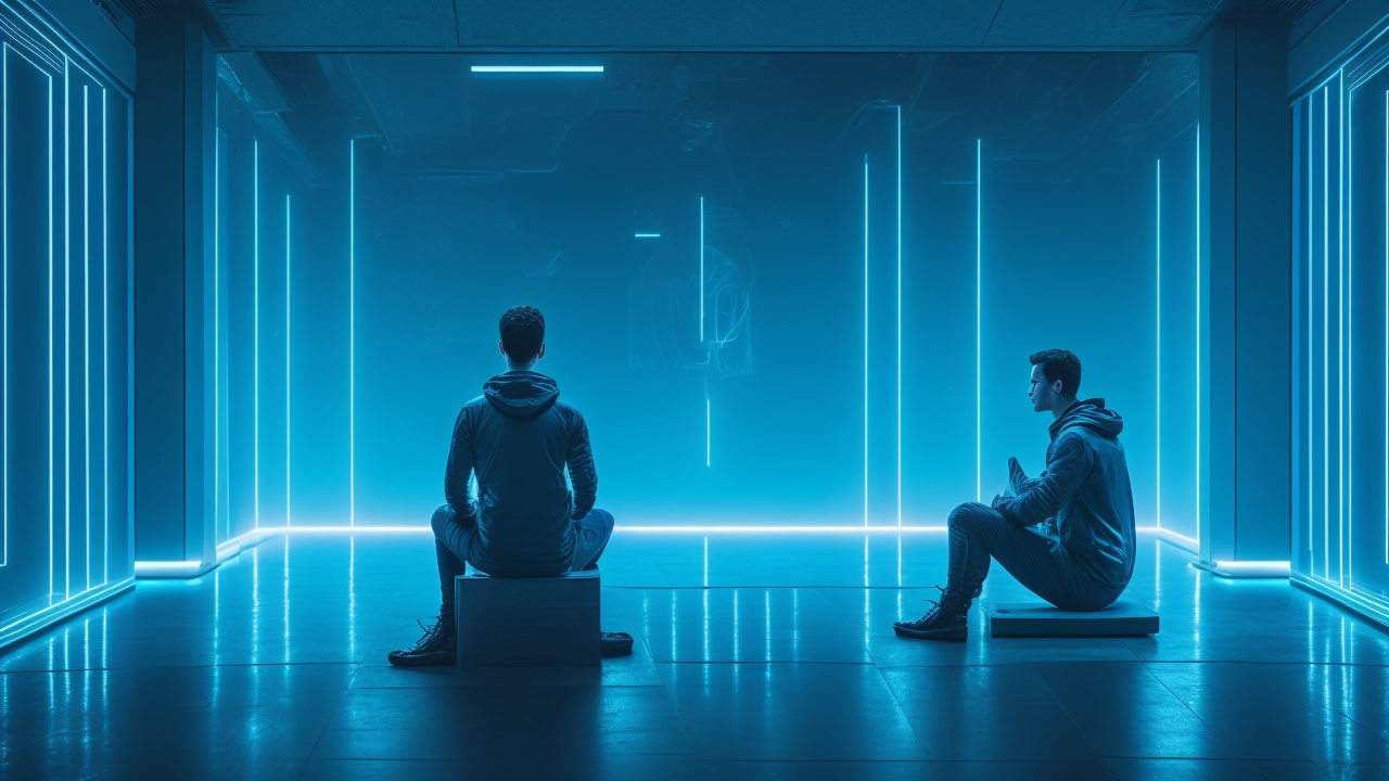 A contemplative young person sits alone in a dimly lit room, surrounded by glowing screens displaying spectral data and ghostly figures, blending the eerie mystery of the supernatural with sleek futuristic technology.