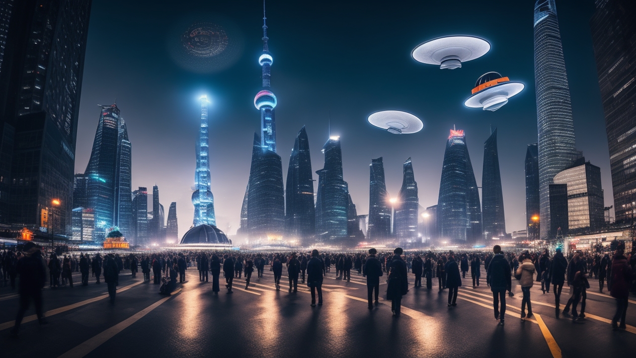 A wide-angle nighttime cityscape of Shanghai with an eerie triangular formation of glowing UFO lights hovering silently above the skyscrapers, as a diverse crowd on the bustling streets looks up in awe, capturing the moment on their smartphones.