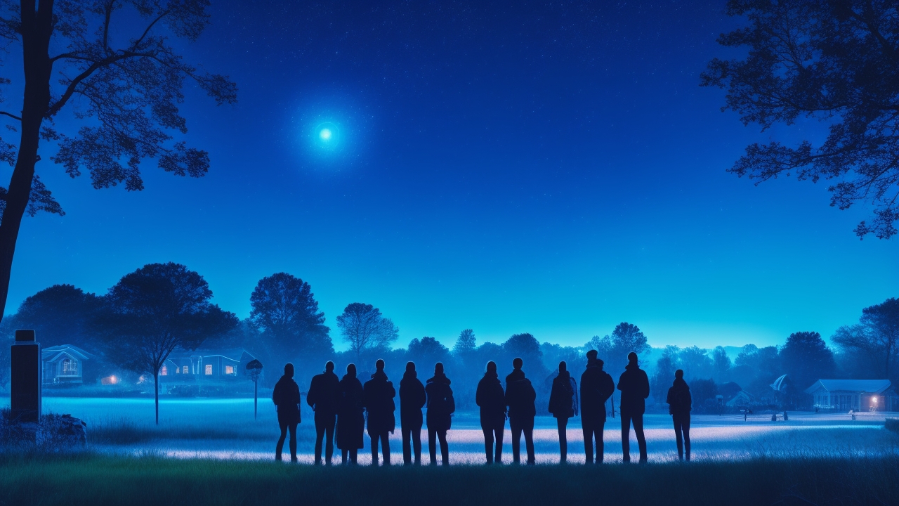 A diverse group of nighttime skywatchers silhouetted against a deep indigo sky, capturing glowing orbs and streaks of mysterious light above a quiet suburban park, evoking a sense of communal wonder and the unfolding mystery of the unexplained.