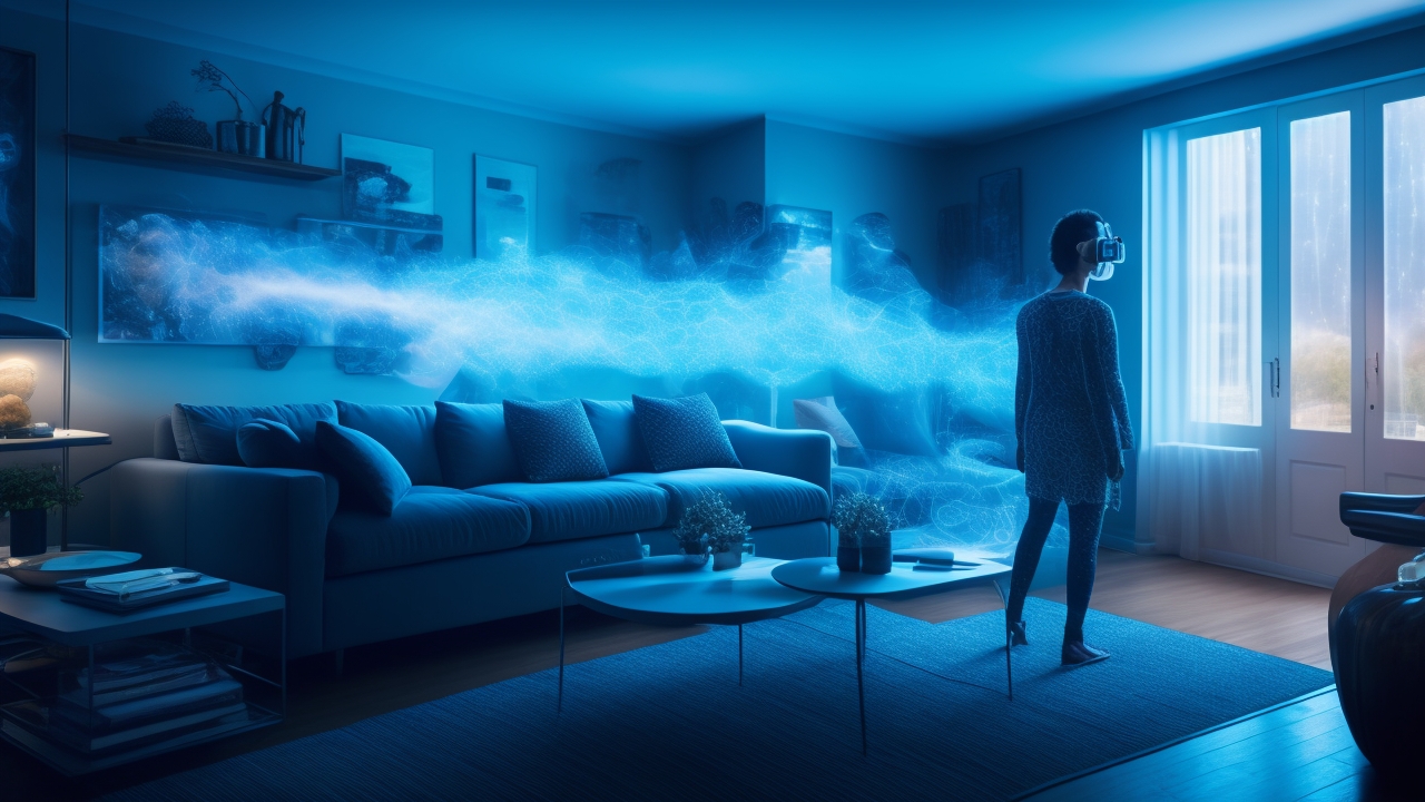 A person wearing sleek augmented reality glasses stands in a dimly lit, modern living room as translucent ghostly figures swirl and shimmer around them, blending technology with the eerie supernatural in a captivating, cinematic moment.
