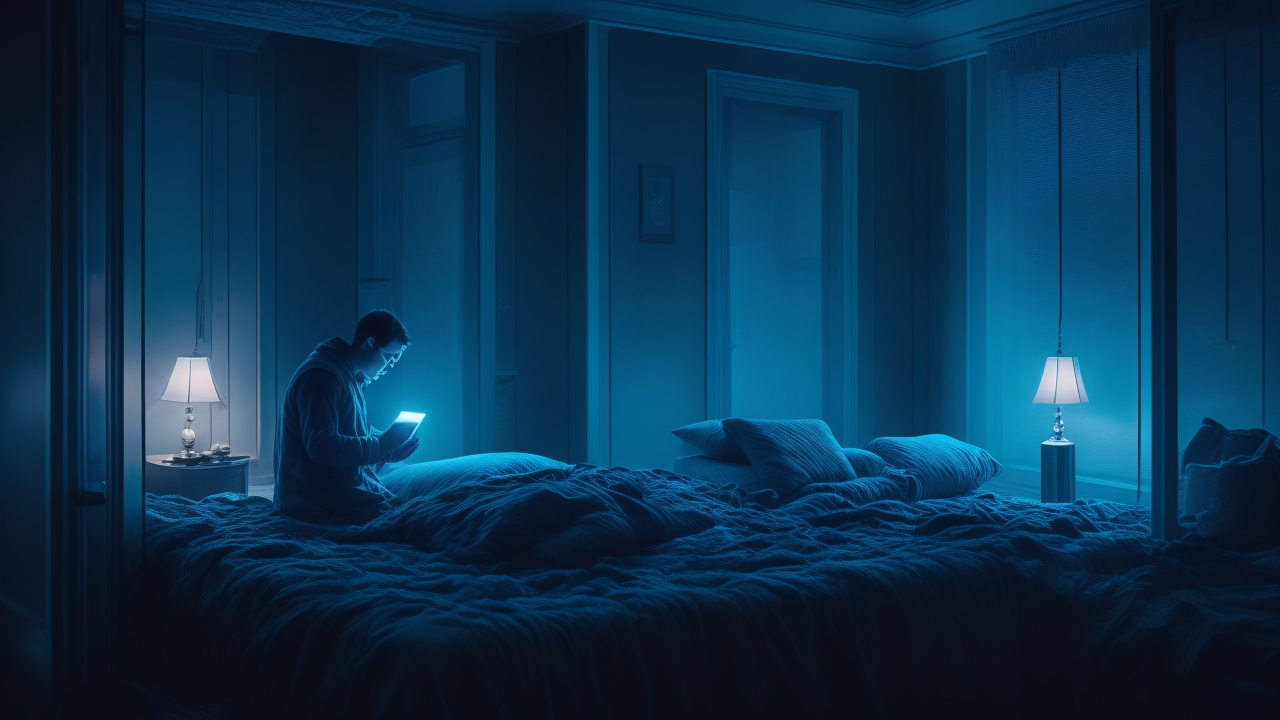 A dimly lit room bathed in cool moonlight, where a person’s hand trembles over a glowing smartphone screen displaying an unread message, surrounded by subtle ghostly reflections blending with digital code cascading softly in the shadows.