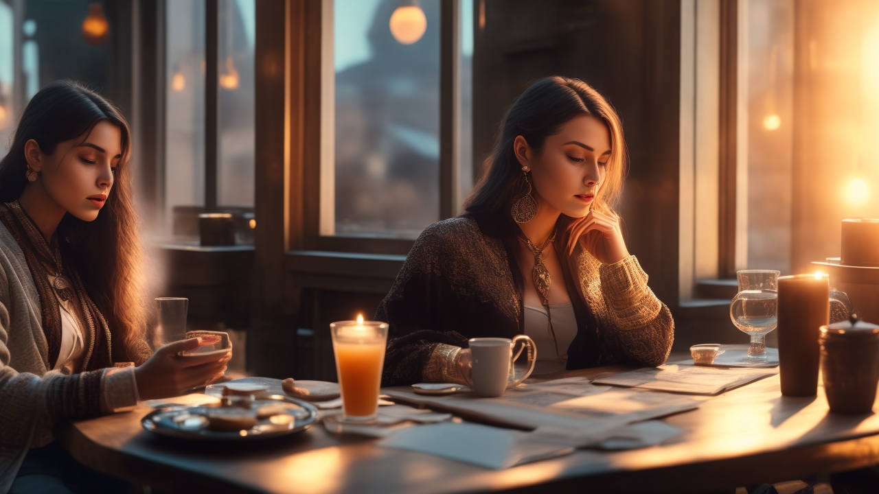 A contemplative young woman in soft morning light sits at a cozy table, her smartphone glowing beside a spread of illuminated tarot cards, blending ancient ritual with modern technology against a warm, blurred backdrop of a quiet urban café.