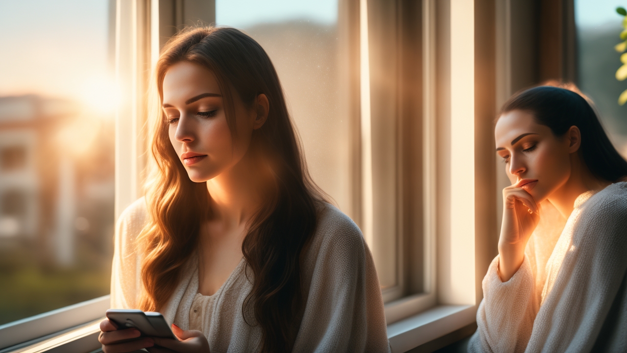 A contemplative young woman bathed in soft morning light, her face gently illuminated by the glow of a smartphone screen as she sits quietly by a window, embodying the intimate, modern intersection of intuition and digital psychic exploration.