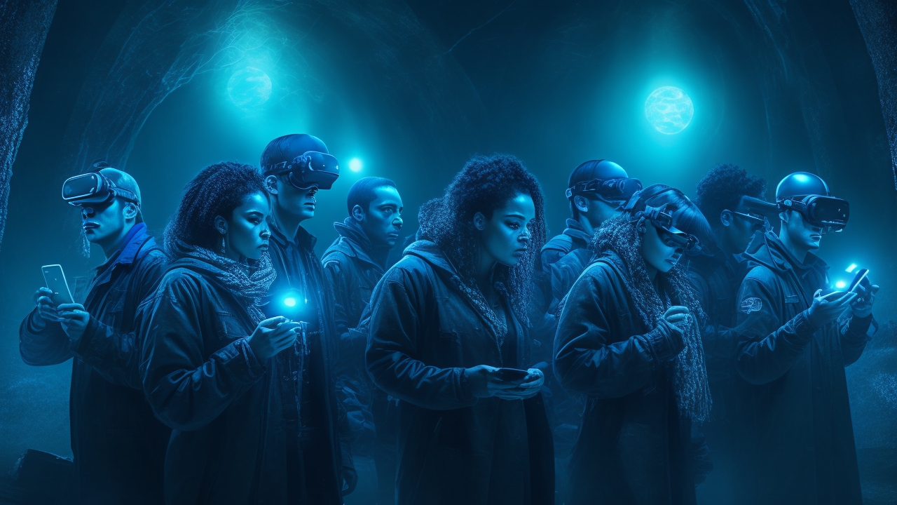 A moody nighttime scene featuring a diverse group of tech-savvy investigators immersed in exploring paranormal phenomena using VR headsets and smartphones, surrounded by faint digital ghostly apparitions blending with flickering ambient light.