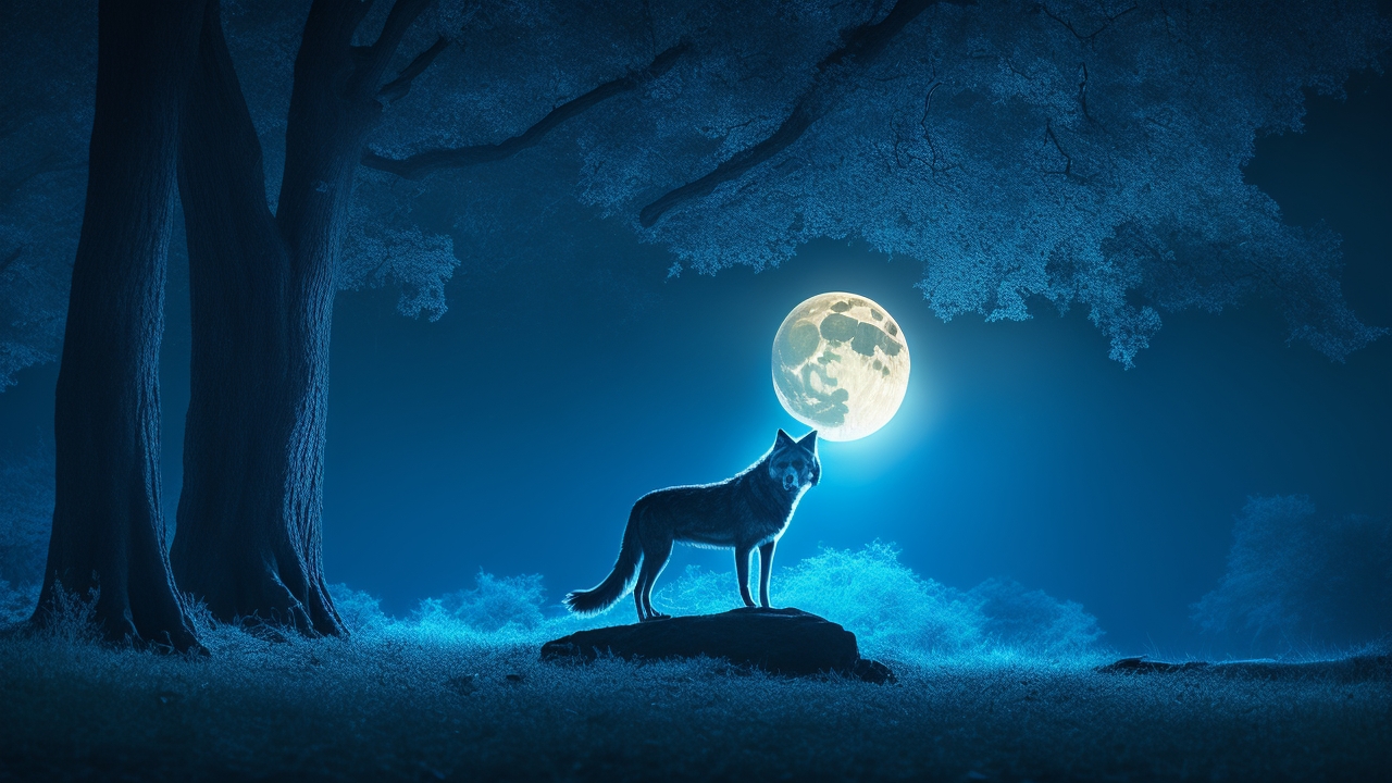 A shadowy, towering wolf-like silhouette with glowing eyes emerges silently among the moonlit oaks of a quiet San Antonio park, blending eerie folklore with urban mystery.