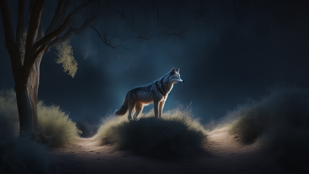 A shadowy, towering wolf-like figure with elongated limbs silently emerges from dense, moonlit brush along a deserted San Antonio park trail, evoking a haunting blend of folklore and urban mystery under a heavy, starless night sky.