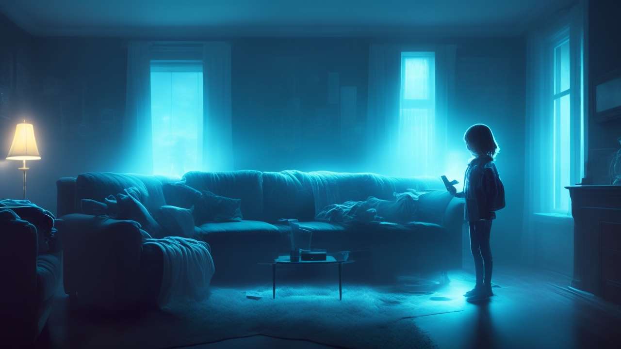 A dimly lit living room at midnight, a young person holding a glowing smartphone with ghostly, translucent figures faintly emerging from the screen, blending digital light with eerie supernatural shadows.