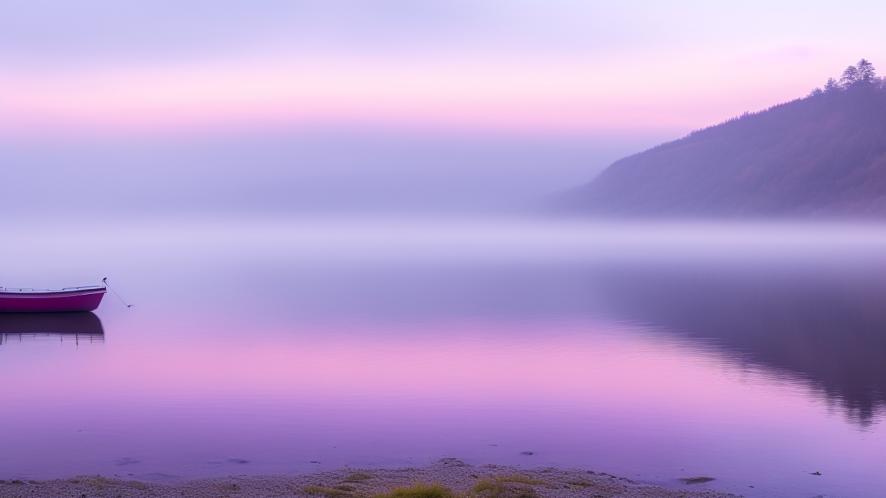 A serene pink-hued dawn over Loch Ness with mist rising from glassy waters, a small boat silently scanning the depths as ripples hint at an elusive, shadowy shape just beneath the surface.