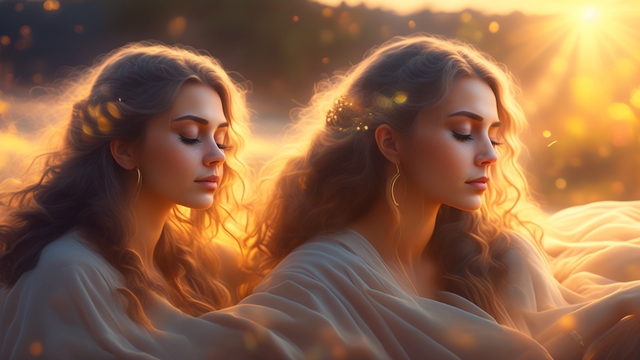 A contemplative young woman sits alone in soft, golden hour light, eyes closed and hand gently resting on her temple, surrounded by ethereal wisps of glowing energy that swirl subtly around her, evoking the invisible currents of intuition and psychic insight.