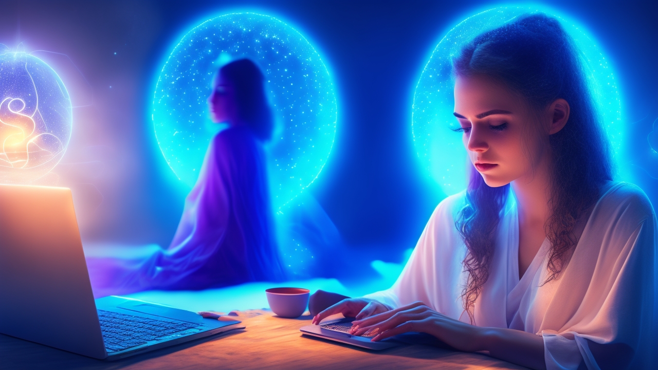 A contemplative young woman sitting by a softly glowing laptop in a dimly lit room, her eyes closed as ethereal strands of light and digital symbols subtly weave around her, evoking a fusion of intuition and technology in the modern psychic age.