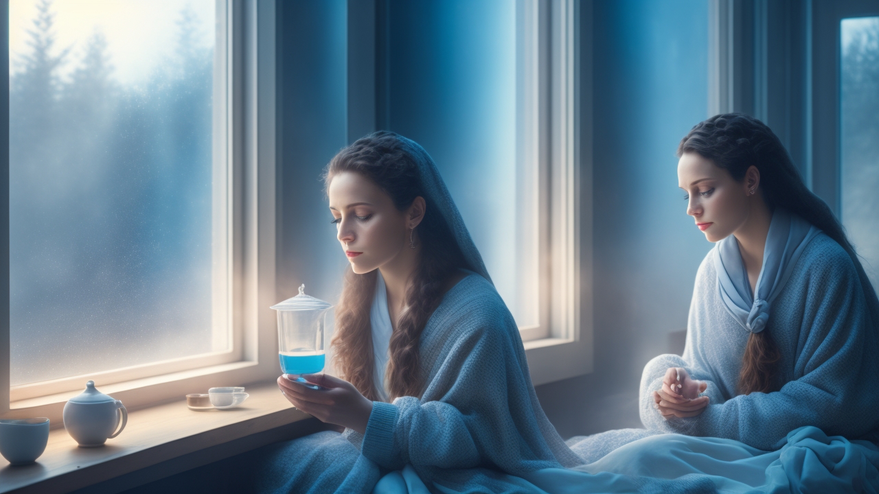 A contemplative person sitting by a foggy window on an early morning, softly illuminated by natural light, holding a crystal or tarot card with a serene, introspective expression, evoking a quiet moment of intuitive reflection amid an uncertain world.