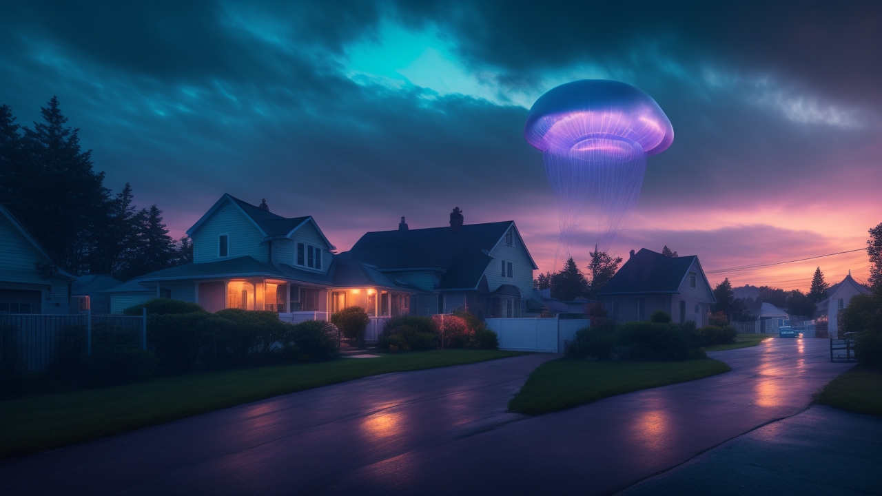 A moody twilight sky over a quiet suburban neighborhood, where translucent, luminous jellyfish-like shapes drift silently among low clouds, casting an eerie, otherworldly glow as a lone figure gazes upward in awe.