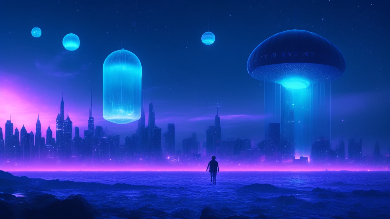 A moody twilight cityscape with a metallic, humanoid silhouette hovering silently among low clouds above shimmering skyscrapers, while glowing, translucent jellyfish-like orbs drift ethereally beneath dark ocean waves in the foreground.