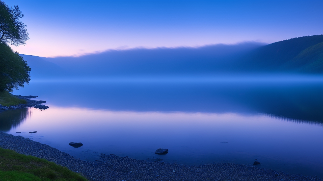 A misty dawn breaks over the glassy waters of Loch Ness, where a dark, elongated shadow undulates just beneath the surface near a quiet, rugged shoreline, evoking a sense of mystery and ancient folklore.