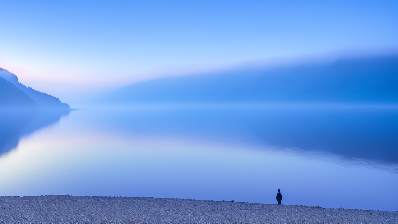 A mist-shrouded Loch Ness at dawn, with a solitary figure standing on a rocky shore gazing thoughtfully across the glassy water where faint, mysterious ripples disturb the stillness beneath a moody Scottish sky.