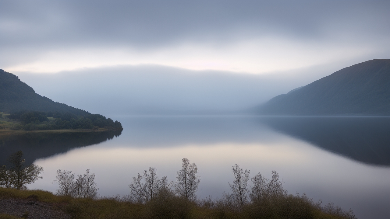 A mist-shrouded Loch Ness at dawn, its glassy surface gently rippled by a shadowy, serpentine silhouette just beneath the water, framed by rugged Scottish highlands under a moody, overcast sky.