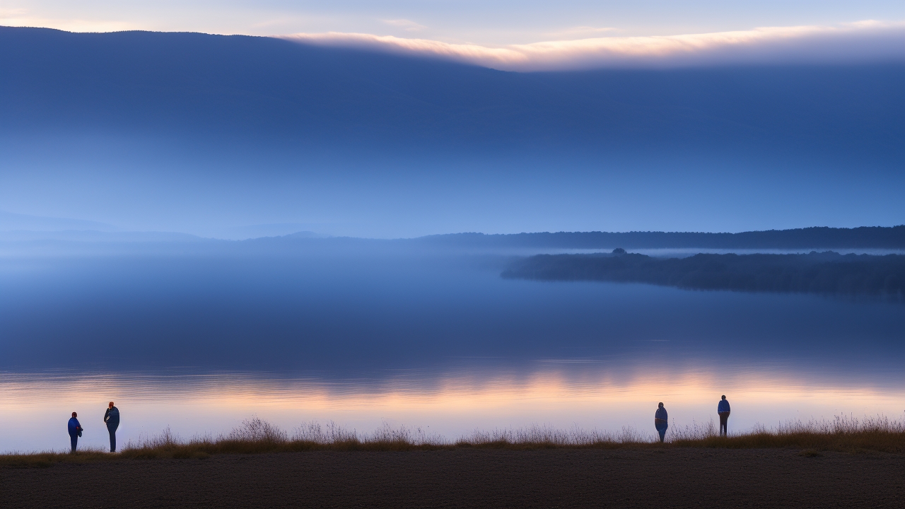 A misty dawn over the glassy expanse of Loch Ness, with shadowy hills framing a fleeting ripple that disturbs the tranquil water, as a small group of silhouetted watchers stand on the shore holding their breath in quiet awe.